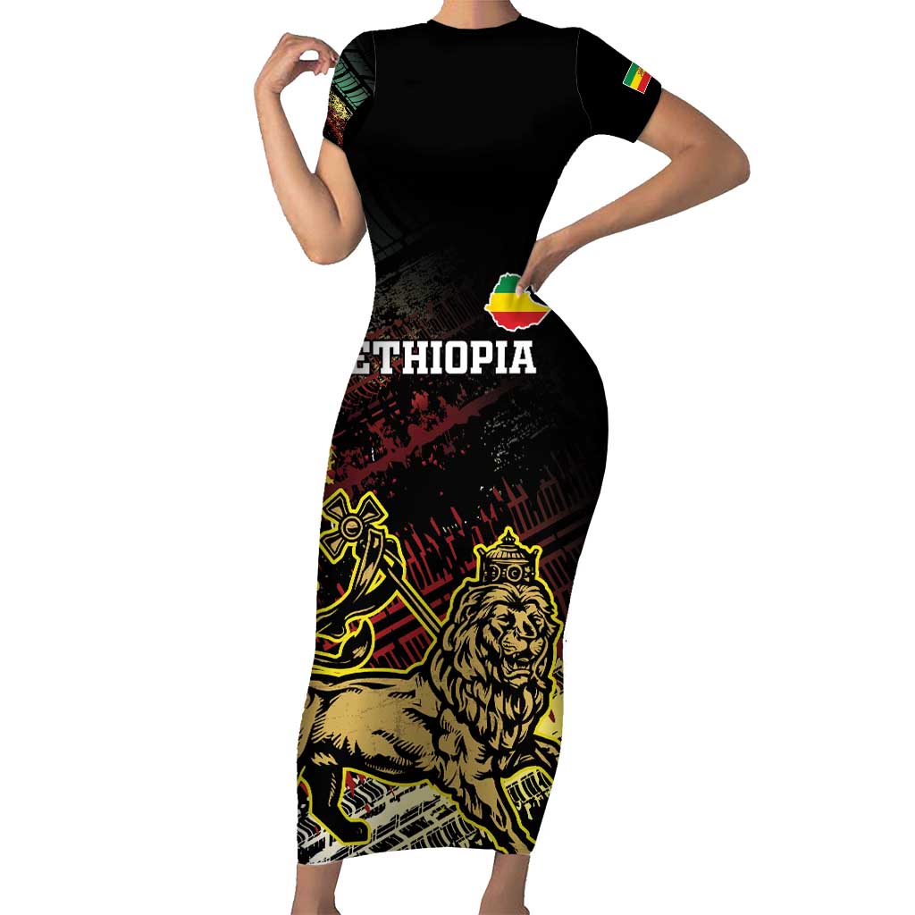 Meskel Ethiopia Short Sleeve Bodycon Dress Lion Of Judah With Grunge Patterns - Wonder Print Shop