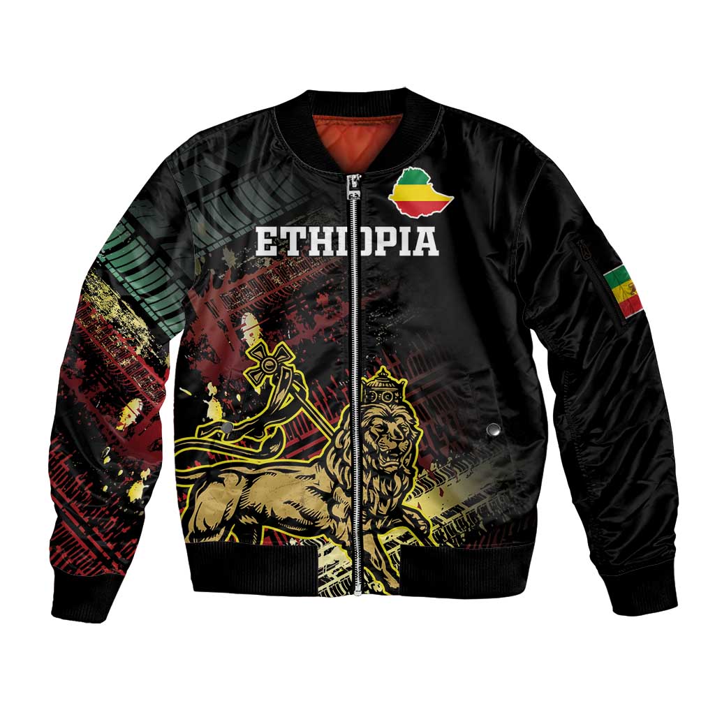 Meskel Ethiopia Sleeve Zip Bomber Jacket Lion Of Judah With Grunge Patterns - Wonder Print Shop