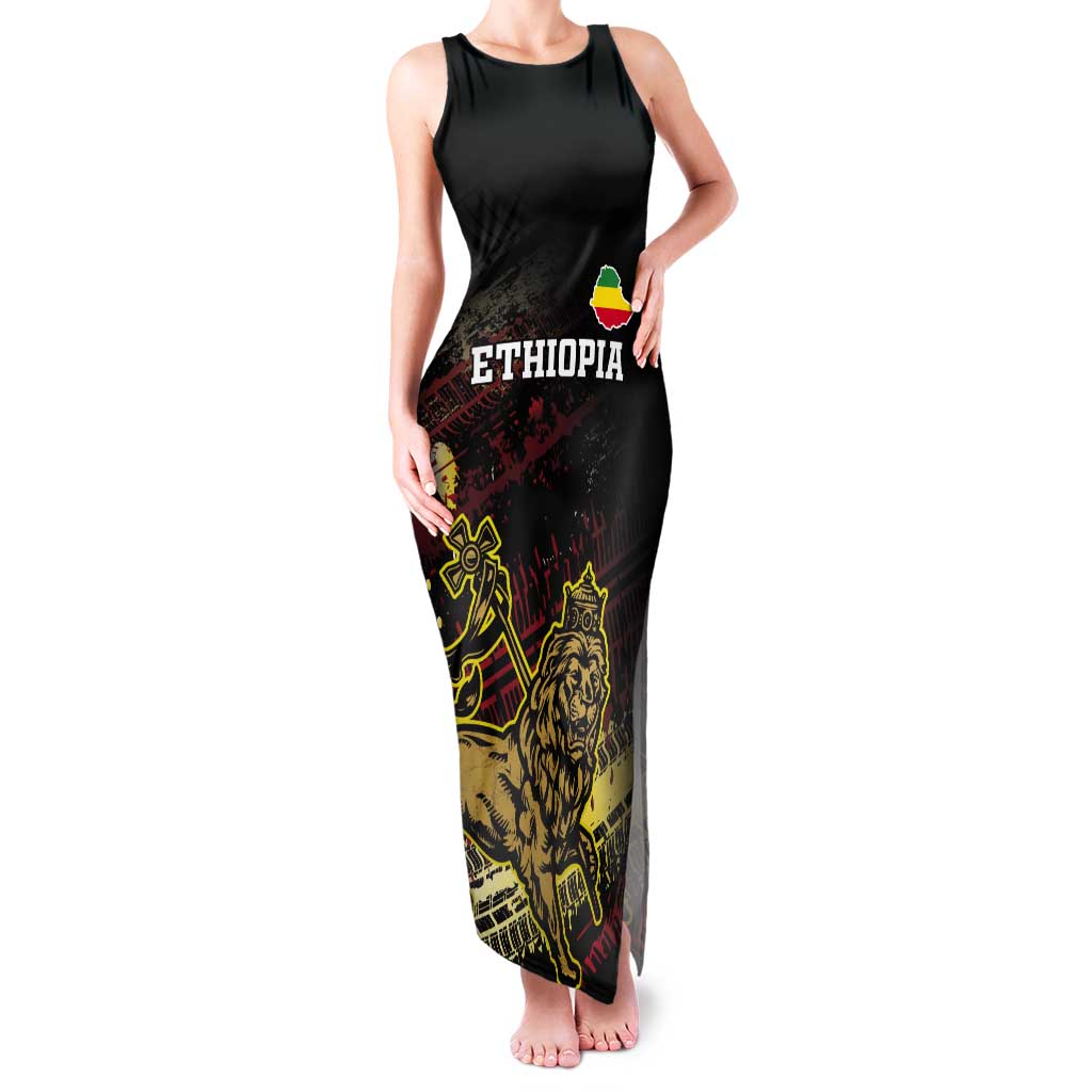 Meskel Ethiopia Tank Maxi Dress Lion Of Judah With Grunge Patterns - Wonder Print Shop