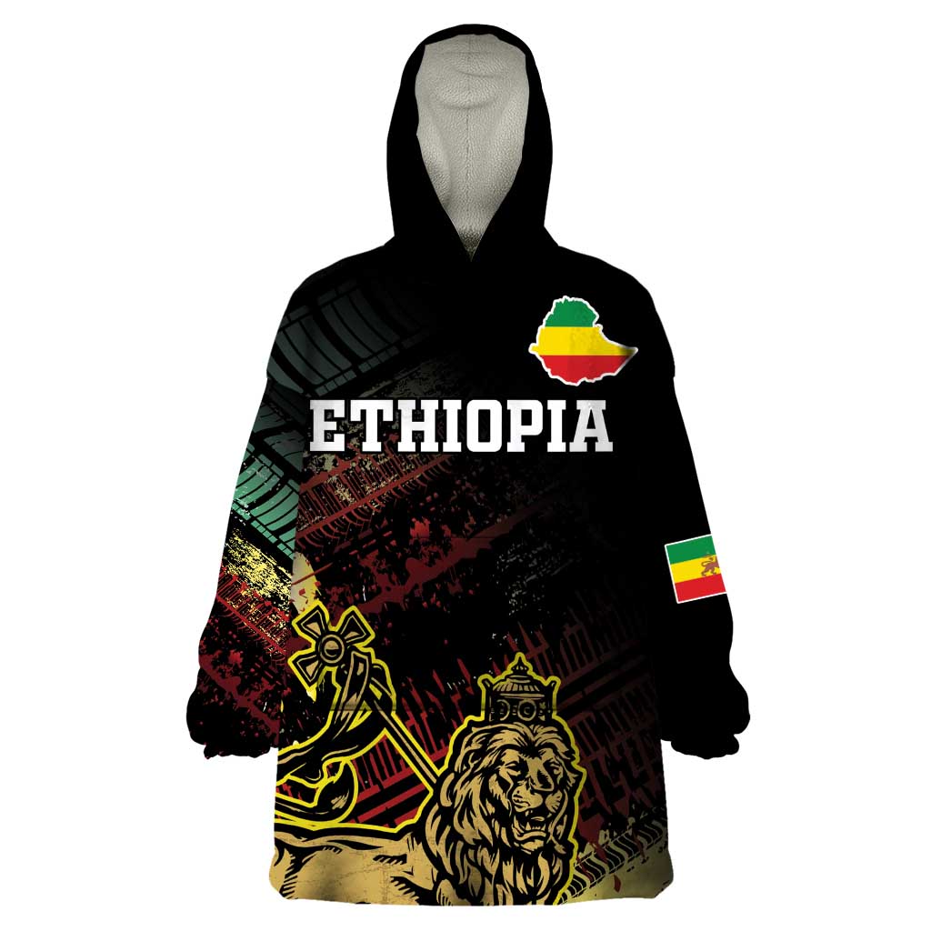 Meskel Ethiopia Wearable Blanket Hoodie Lion Of Judah With Grunge Patterns - Wonder Print Shop