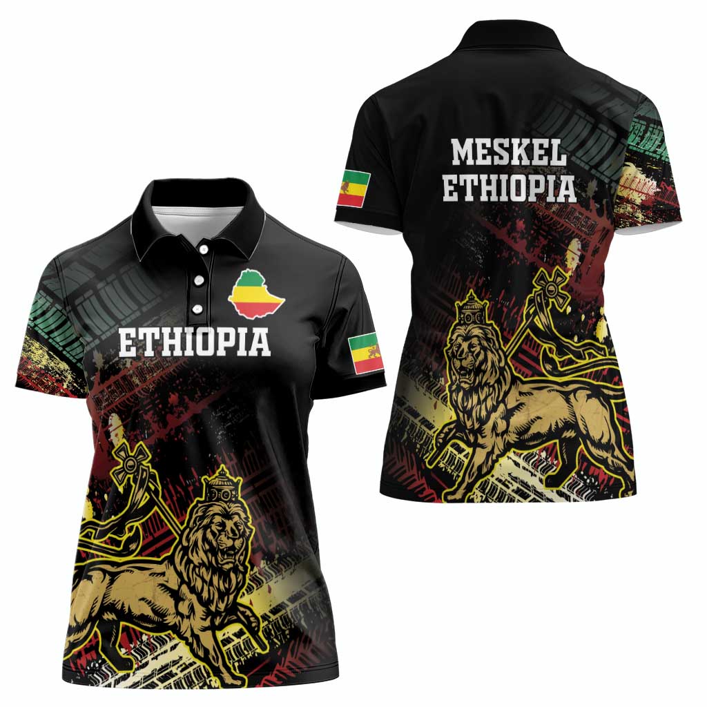 Meskel Ethiopia Women Polo Shirt Lion Of Judah With Grunge Patterns - Wonder Print Shop
