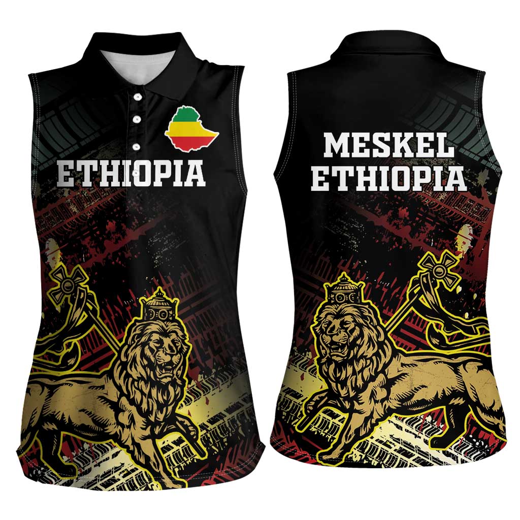 Meskel Ethiopia Women Sleeveless Polo Shirt Lion Of Judah With Grunge Patterns - Wonder Print Shop