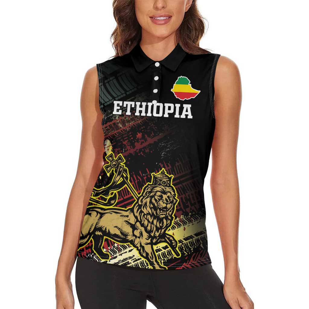 Meskel Ethiopia Women Sleeveless Polo Shirt Lion Of Judah With Grunge Patterns - Wonder Print Shop