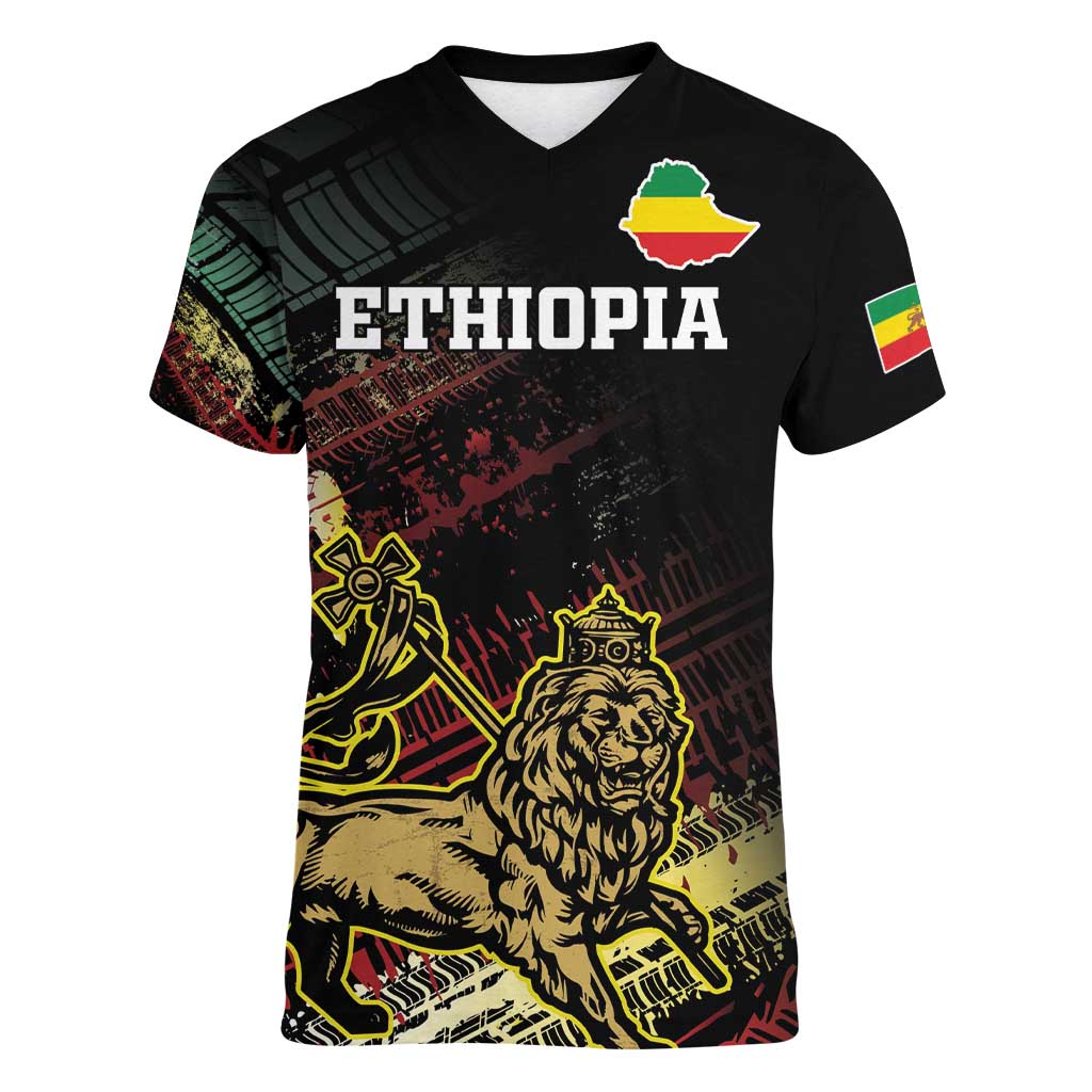 Meskel Ethiopia Women V-Neck T-Shirt Lion Of Judah With Grunge Patterns - Wonder Print Shop