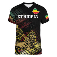 Meskel Ethiopia Women V-Neck T-Shirt Lion Of Judah With Grunge Patterns - Wonder Print Shop