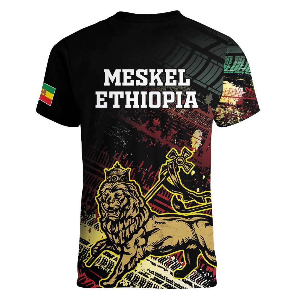 Meskel Ethiopia Women V-Neck T-Shirt Lion Of Judah With Grunge Patterns - Wonder Print Shop