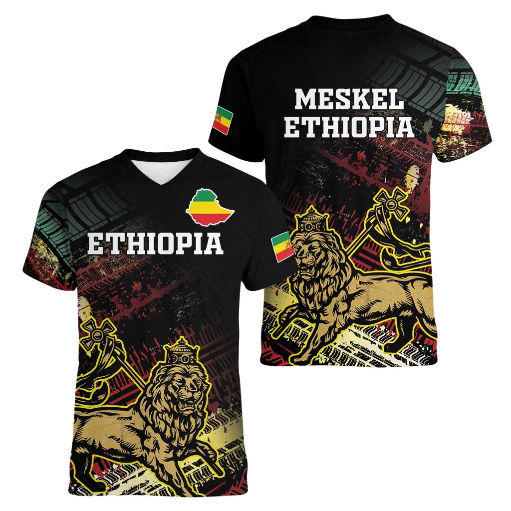 Meskel Ethiopia Women V-Neck T-Shirt Lion Of Judah With Grunge Patterns - Wonder Print Shop