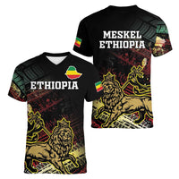 Meskel Ethiopia Women V-Neck T-Shirt Lion Of Judah With Grunge Patterns - Wonder Print Shop