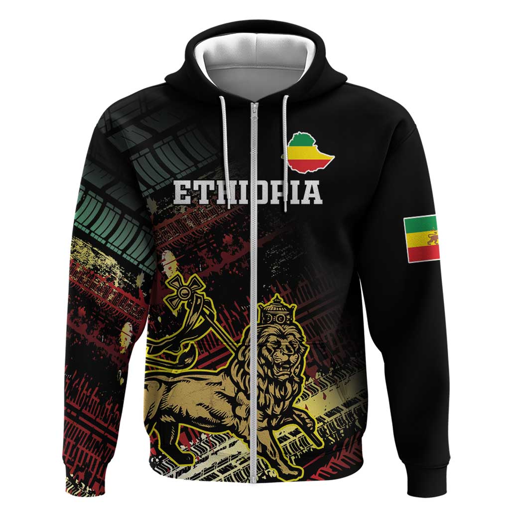 Meskel Ethiopia Zip Hoodie Lion Of Judah With Grunge Patterns - Wonder Print Shop