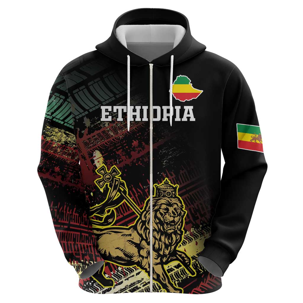 Meskel Ethiopia Zip Hoodie Lion Of Judah With Grunge Patterns - Wonder Print Shop