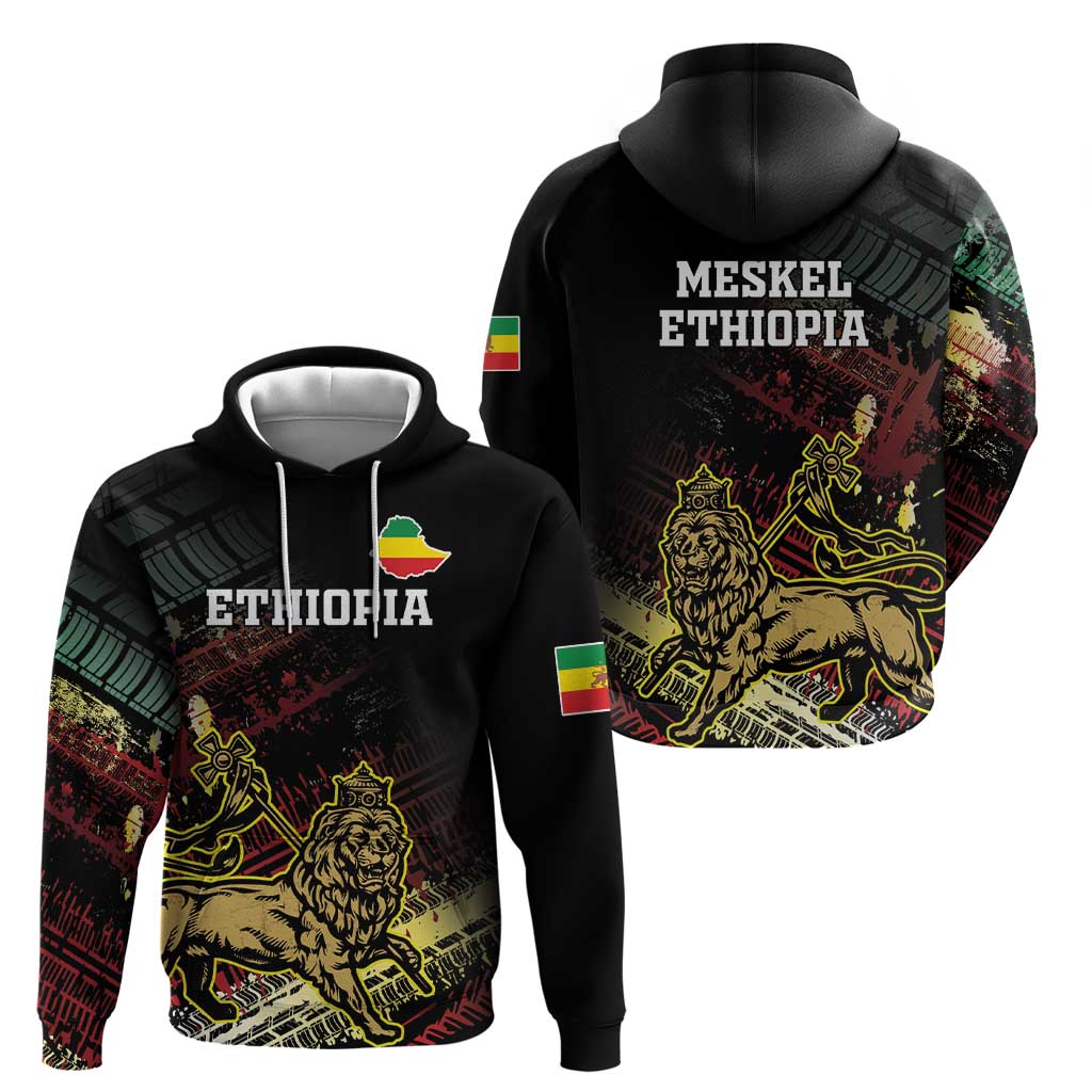 Meskel Ethiopia Zip Hoodie Lion Of Judah With Grunge Patterns - Wonder Print Shop