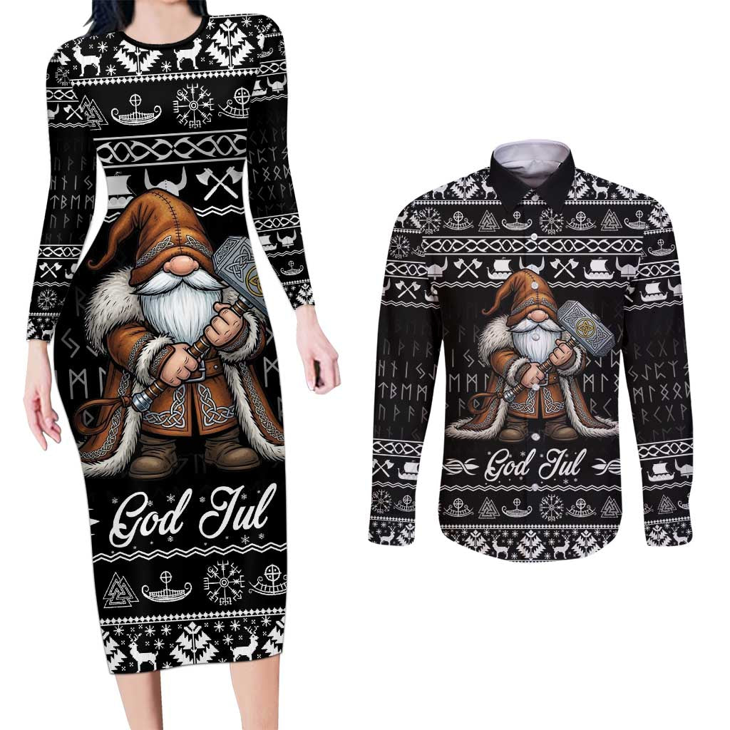 Viking Gnome Christmas Couples Matching Long Sleeve Bodycon Dress and Long Sleeve Button Shirt Nordic Xmas Spirit Pattern - Wonder Print Shop
