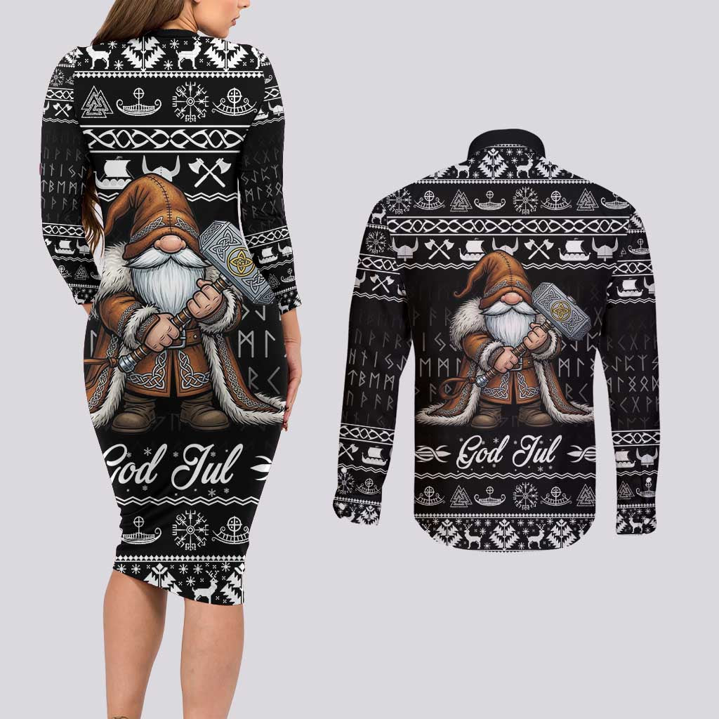 Viking Gnome Christmas Couples Matching Long Sleeve Bodycon Dress and Long Sleeve Button Shirt Nordic Xmas Spirit Pattern - Wonder Print Shop