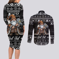 Viking Gnome Christmas Couples Matching Long Sleeve Bodycon Dress and Long Sleeve Button Shirt Nordic Xmas Spirit Pattern - Wonder Print Shop