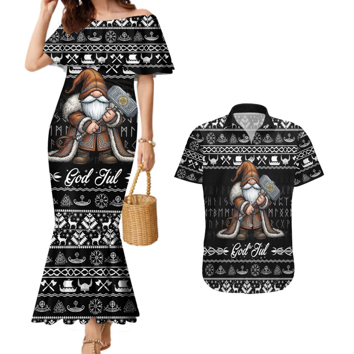 Viking Gnome Christmas Couples Matching Mermaid Dress and Hawaiian Shirt Nordic Xmas Spirit Pattern - Wonder Print Shop