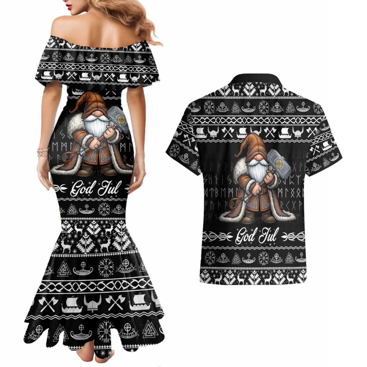 Viking Gnome Christmas Couples Matching Mermaid Dress and Hawaiian Shirt Nordic Xmas Spirit Pattern - Wonder Print Shop
