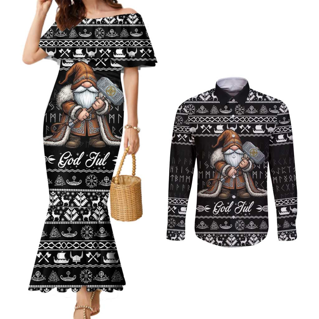 Viking Gnome Christmas Couples Matching Mermaid Dress and Long Sleeve Button Shirt Nordic Xmas Spirit Pattern - Wonder Print Shop