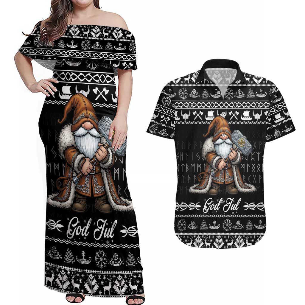 Viking Gnome Christmas Couples Matching Off Shoulder Maxi Dress and Hawaiian Shirt Nordic Xmas Spirit Pattern - Wonder Print Shop