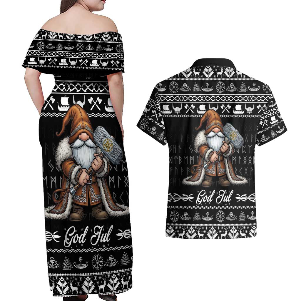 Viking Gnome Christmas Couples Matching Off Shoulder Maxi Dress and Hawaiian Shirt Nordic Xmas Spirit Pattern - Wonder Print Shop