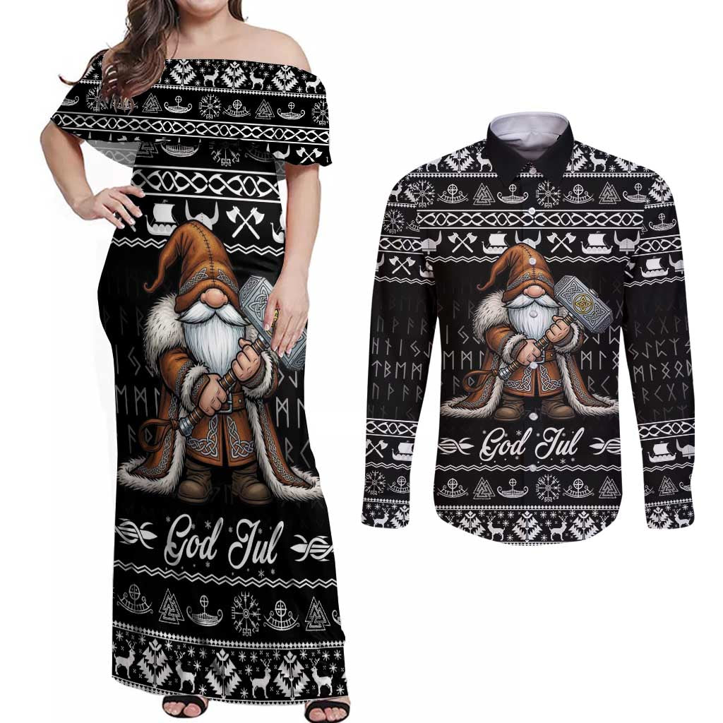 Viking Gnome Christmas Couples Matching Off Shoulder Maxi Dress and Long Sleeve Button Shirt Nordic Xmas Spirit Pattern - Wonder Print Shop