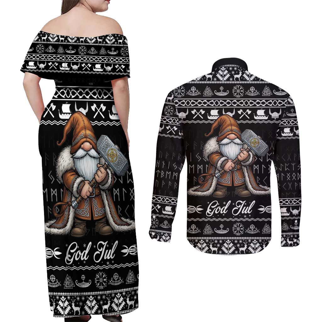 Viking Gnome Christmas Couples Matching Off Shoulder Maxi Dress and Long Sleeve Button Shirt Nordic Xmas Spirit Pattern - Wonder Print Shop