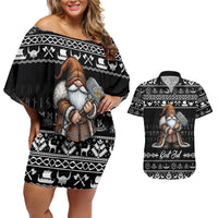 Viking Gnome Christmas Couples Matching Off Shoulder Short Dress and Hawaiian Shirt Nordic Xmas Spirit Pattern - Wonder Print Shop