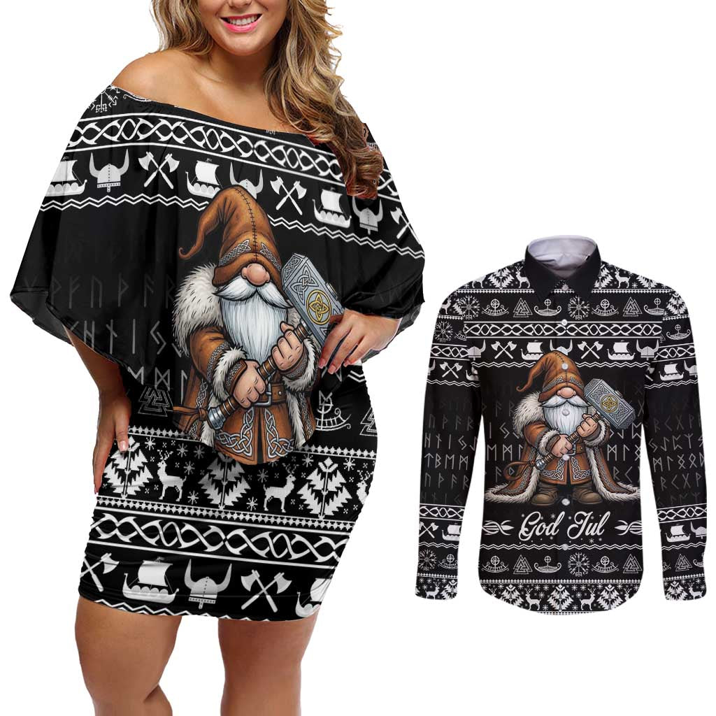 Viking Gnome Christmas Couples Matching Off Shoulder Short Dress and Long Sleeve Button Shirt Nordic Xmas Spirit Pattern - Wonder Print Shop