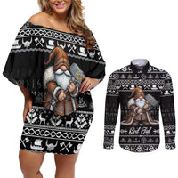 Viking Gnome Christmas Couples Matching Off Shoulder Short Dress and Long Sleeve Button Shirt Nordic Xmas Spirit Pattern - Wonder Print Shop