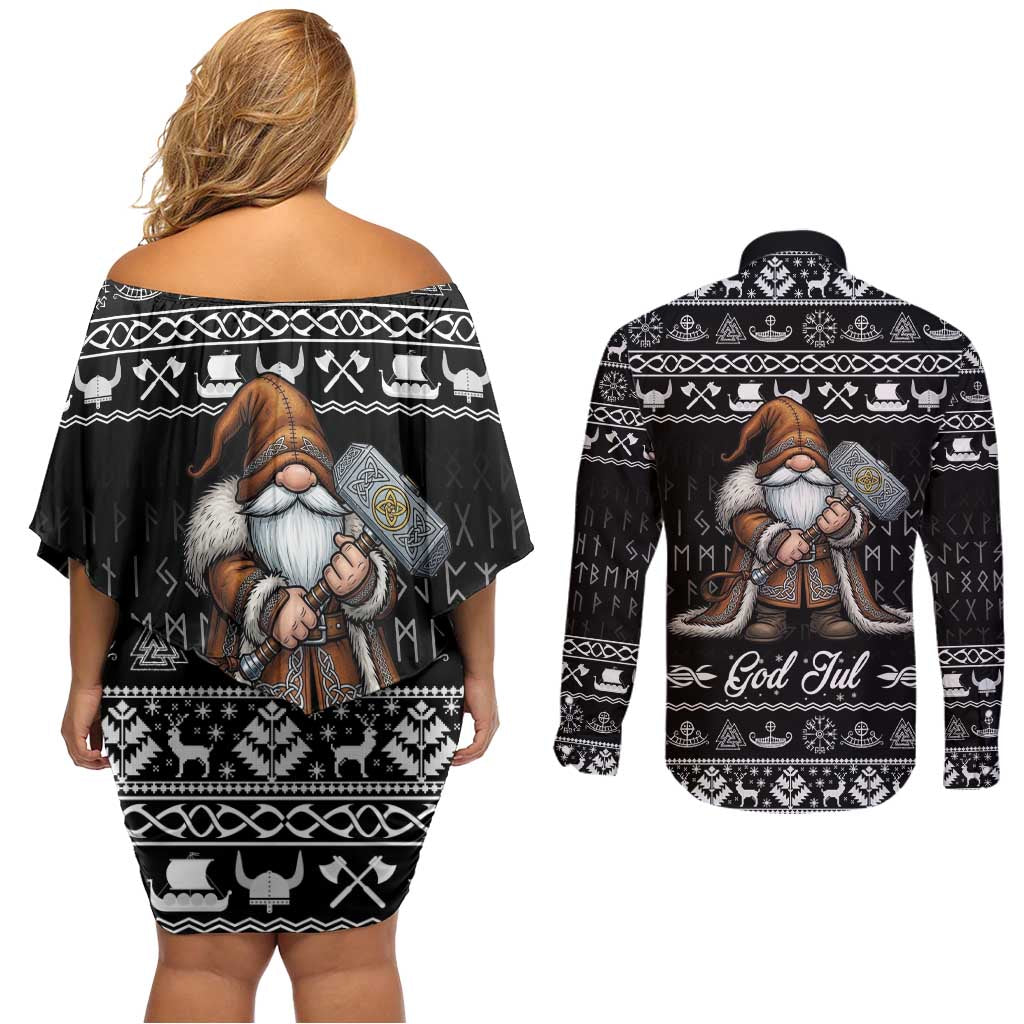 Viking Gnome Christmas Couples Matching Off Shoulder Short Dress and Long Sleeve Button Shirt Nordic Xmas Spirit Pattern - Wonder Print Shop