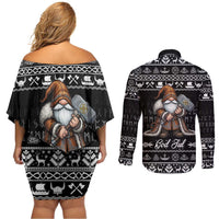 Viking Gnome Christmas Couples Matching Off Shoulder Short Dress and Long Sleeve Button Shirt Nordic Xmas Spirit Pattern - Wonder Print Shop