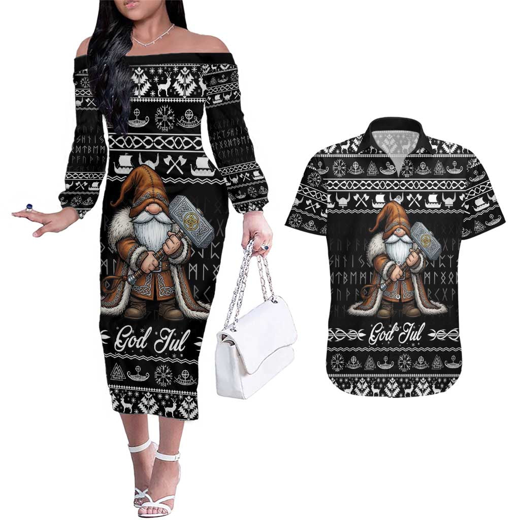Viking Gnome Christmas Couples Matching Off The Shoulder Long Sleeve Dress and Hawaiian Shirt Nordic Xmas Spirit Pattern - Wonder Print Shop