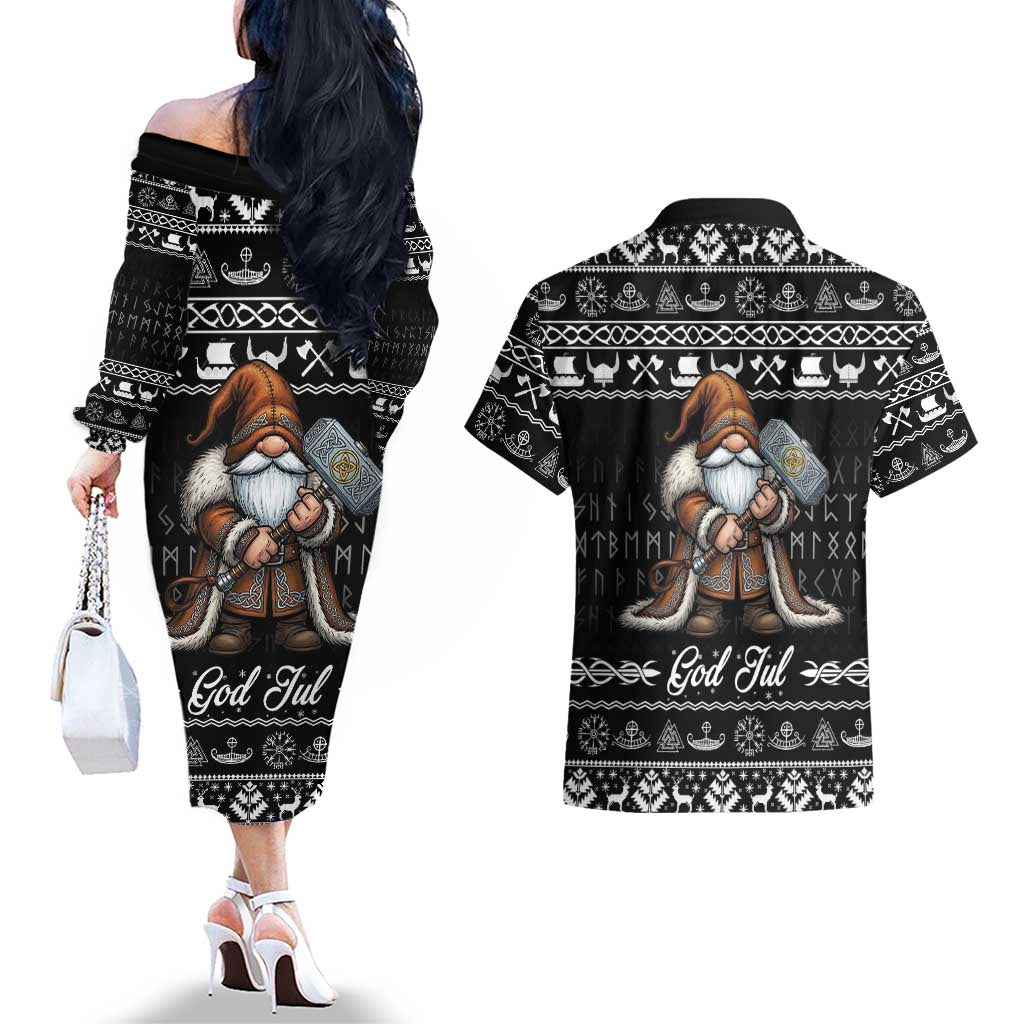Viking Gnome Christmas Couples Matching Off The Shoulder Long Sleeve Dress and Hawaiian Shirt Nordic Xmas Spirit Pattern - Wonder Print Shop