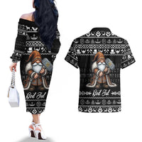 Viking Gnome Christmas Couples Matching Off The Shoulder Long Sleeve Dress and Hawaiian Shirt Nordic Xmas Spirit Pattern - Wonder Print Shop
