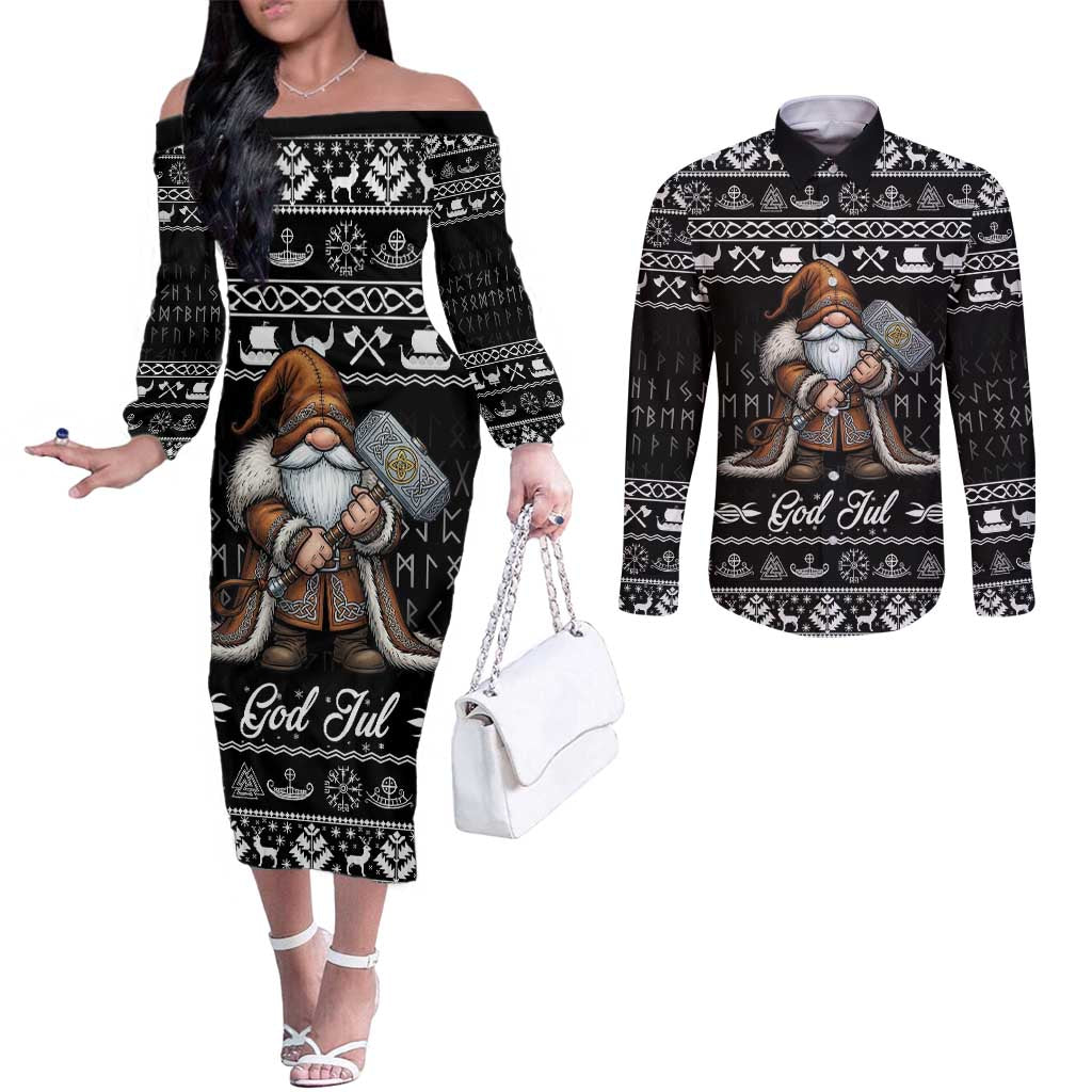 Viking Gnome Christmas Couples Matching Off The Shoulder Long Sleeve Dress and Long Sleeve Button Shirt Nordic Xmas Spirit Pattern - Wonder Print Shop