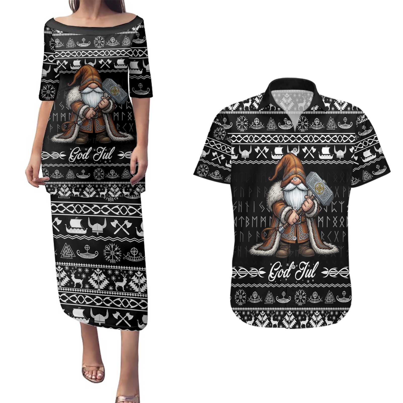 Viking Gnome Christmas Couples Matching Puletasi and Hawaiian Shirt Nordic Xmas Spirit Pattern - Wonder Print Shop