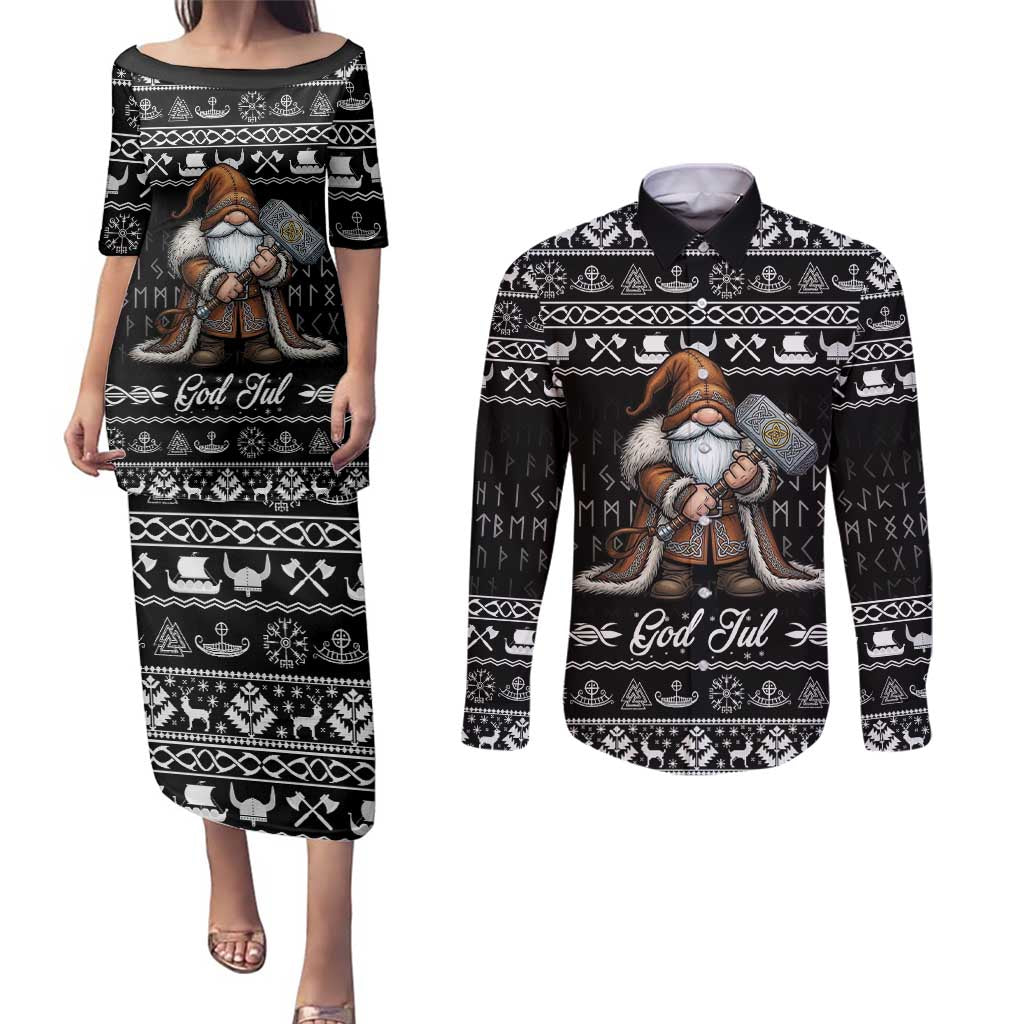 Viking Gnome Christmas Couples Matching Puletasi and Long Sleeve Button Shirt Nordic Xmas Spirit Pattern - Wonder Print Shop
