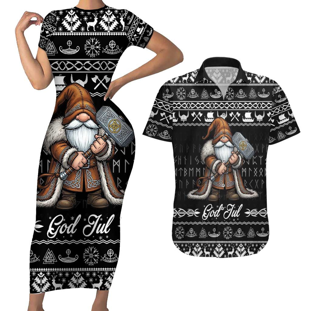 Viking Gnome Christmas Couples Matching Short Sleeve Bodycon Dress and Hawaiian Shirt Nordic Xmas Spirit Pattern - Wonder Print Shop