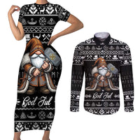 Viking Gnome Christmas Couples Matching Short Sleeve Bodycon Dress and Long Sleeve Button Shirt Nordic Xmas Spirit Pattern - Wonder Print Shop