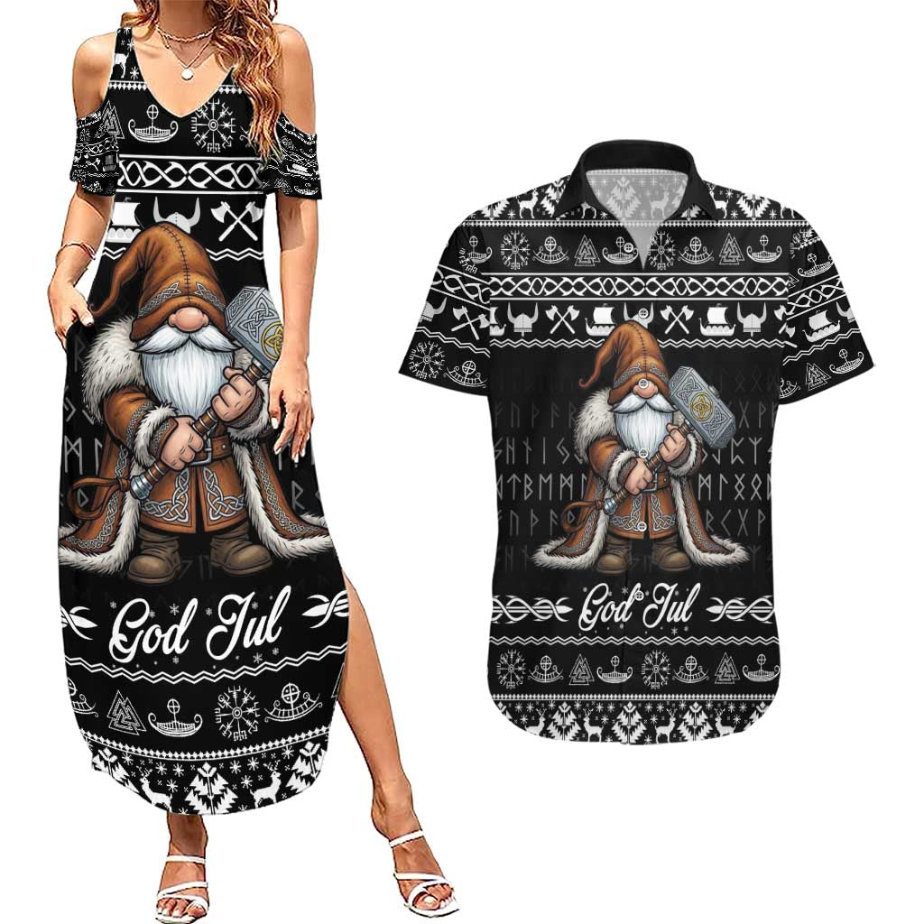 Viking Gnome Christmas Couples Matching Summer Maxi Dress and Hawaiian Shirt Nordic Xmas Spirit Pattern - Wonder Print Shop