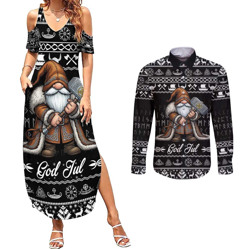 Viking Gnome Christmas Couples Matching Summer Maxi Dress and Long Sleeve Button Shirt Nordic Xmas Spirit Pattern - Wonder Print Shop