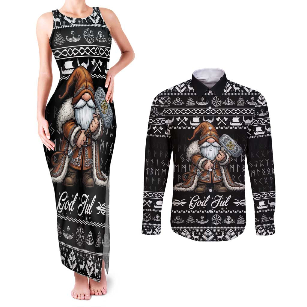 Viking Gnome Christmas Couples Matching Tank Maxi Dress and Long Sleeve Button Shirt Nordic Xmas Spirit Pattern - Wonder Print Shop