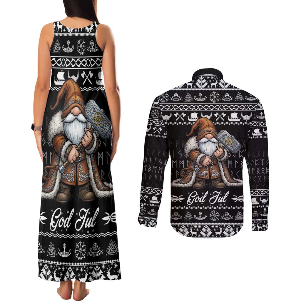 Viking Gnome Christmas Couples Matching Tank Maxi Dress and Long Sleeve Button Shirt Nordic Xmas Spirit Pattern - Wonder Print Shop