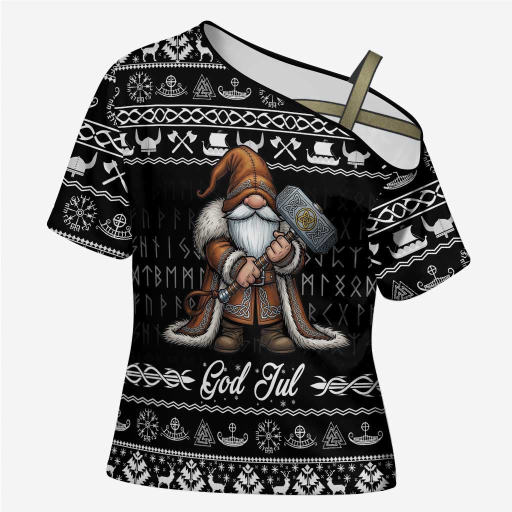 Viking Gnome Christmas Cross Shoulder Shirt Nordic Xmas Spirit Pattern - Wonder Print Shop