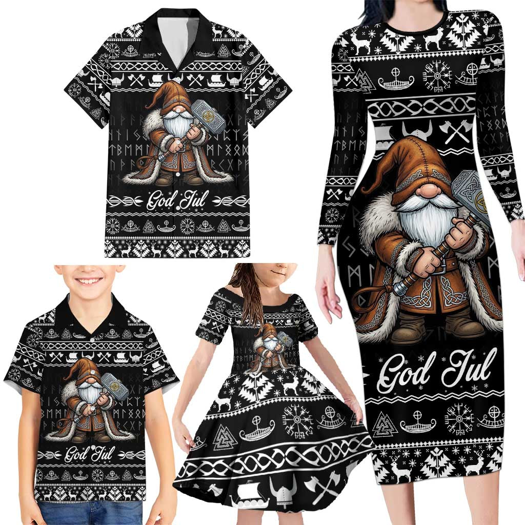 Viking Gnome Christmas Family Matching Long Sleeve Bodycon Dress and Hawaiian Shirt Nordic Xmas Spirit Pattern - Wonder Print Shop