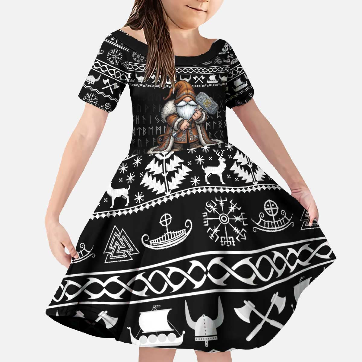Viking Gnome Christmas Family Matching Off The Shoulder Long Sleeve Dress and Hawaiian Shirt Nordic Xmas Spirit Pattern - Wonder Print Shop