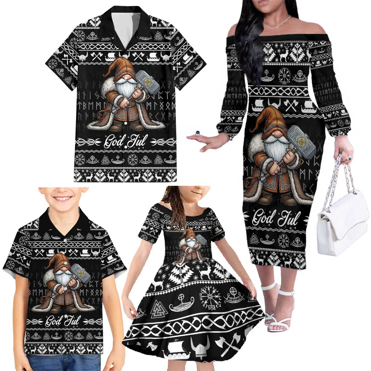 Viking Gnome Christmas Family Matching Off The Shoulder Long Sleeve Dress and Hawaiian Shirt Nordic Xmas Spirit Pattern - Wonder Print Shop