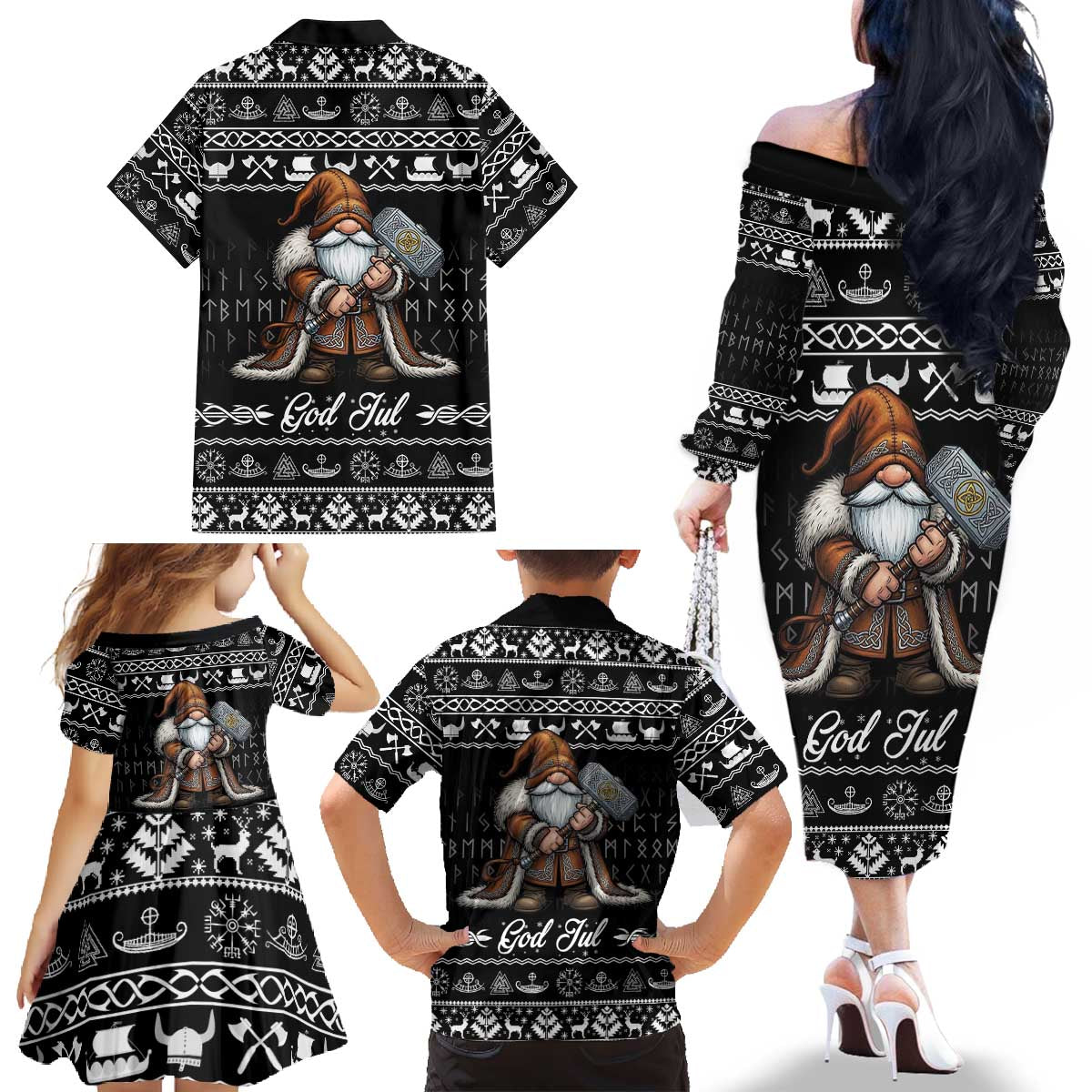 Viking Gnome Christmas Family Matching Off The Shoulder Long Sleeve Dress and Hawaiian Shirt Nordic Xmas Spirit Pattern - Wonder Print Shop