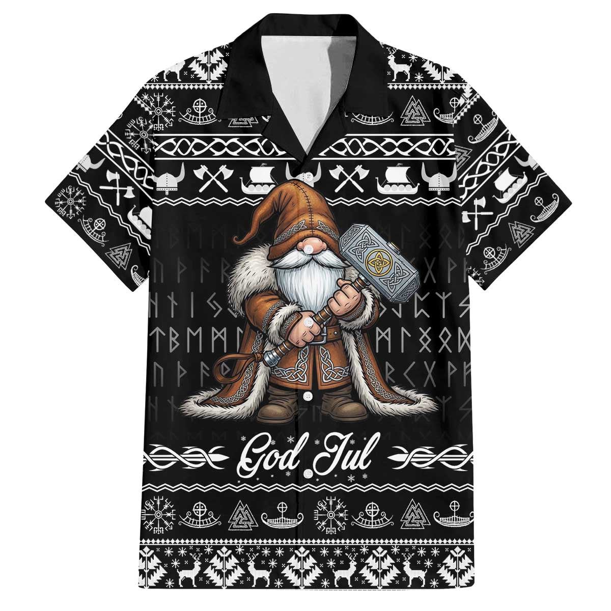 Viking Gnome Christmas Family Matching Off The Shoulder Long Sleeve Dress and Hawaiian Shirt Nordic Xmas Spirit Pattern - Wonder Print Shop