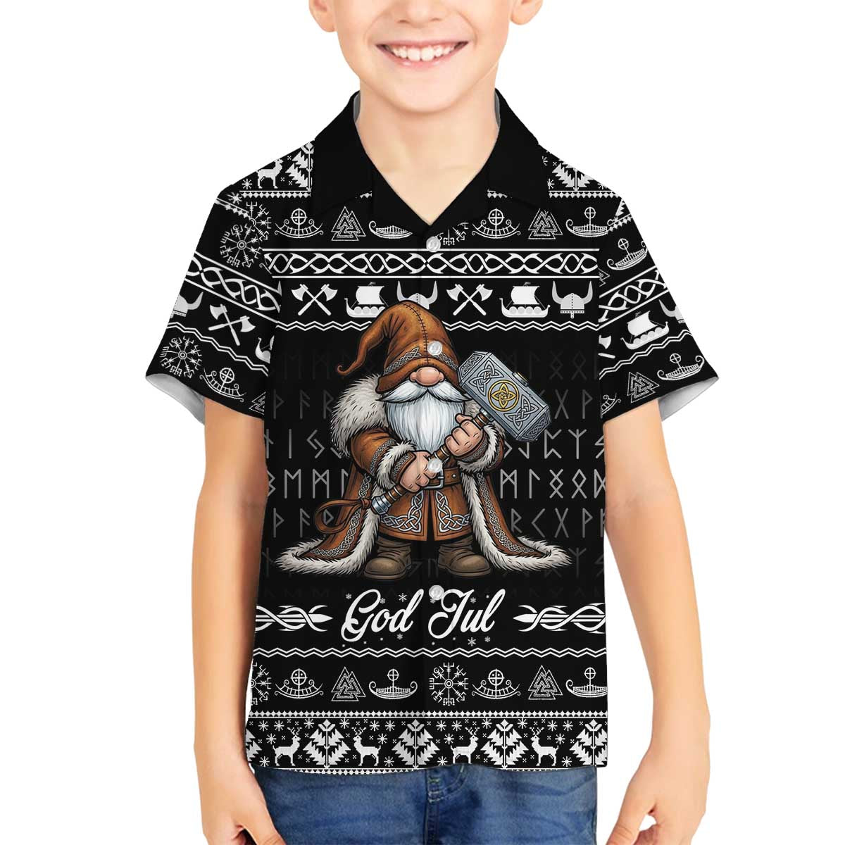 Viking Gnome Christmas Family Matching Off The Shoulder Long Sleeve Dress and Hawaiian Shirt Nordic Xmas Spirit Pattern - Wonder Print Shop