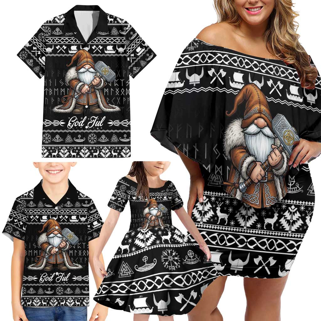 Viking Gnome Christmas Family Matching Off Shoulder Short Dress and Hawaiian Shirt Nordic Xmas Spirit Pattern - Wonder Print Shop
